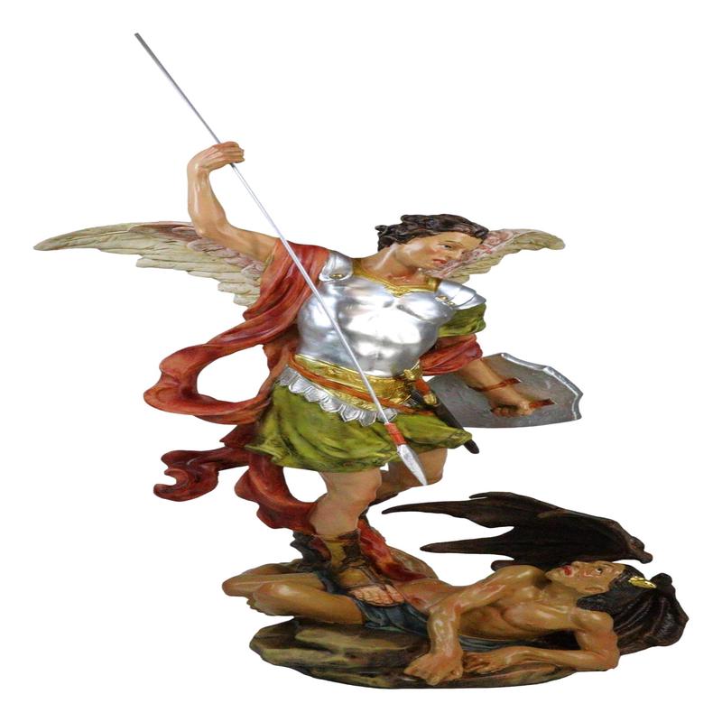 Archangel Saint Michael With Spear And Shield Trampling The Devil Statue 20"H