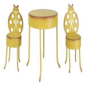 Enchanted Fairy Garden Miniature Metal Yellow Ladybug Table And 2 Chairs Set