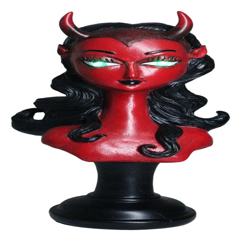 Horned Lilith Hell Demon Devil Queen Bust Figurine With Green LED Light Up Eyes