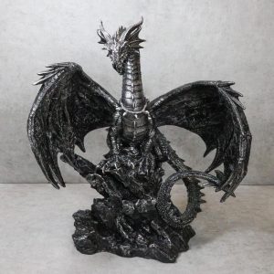 Large 22" H Quicksilver Cave Stone Behemoth Dragon Perching On Rocks Statue