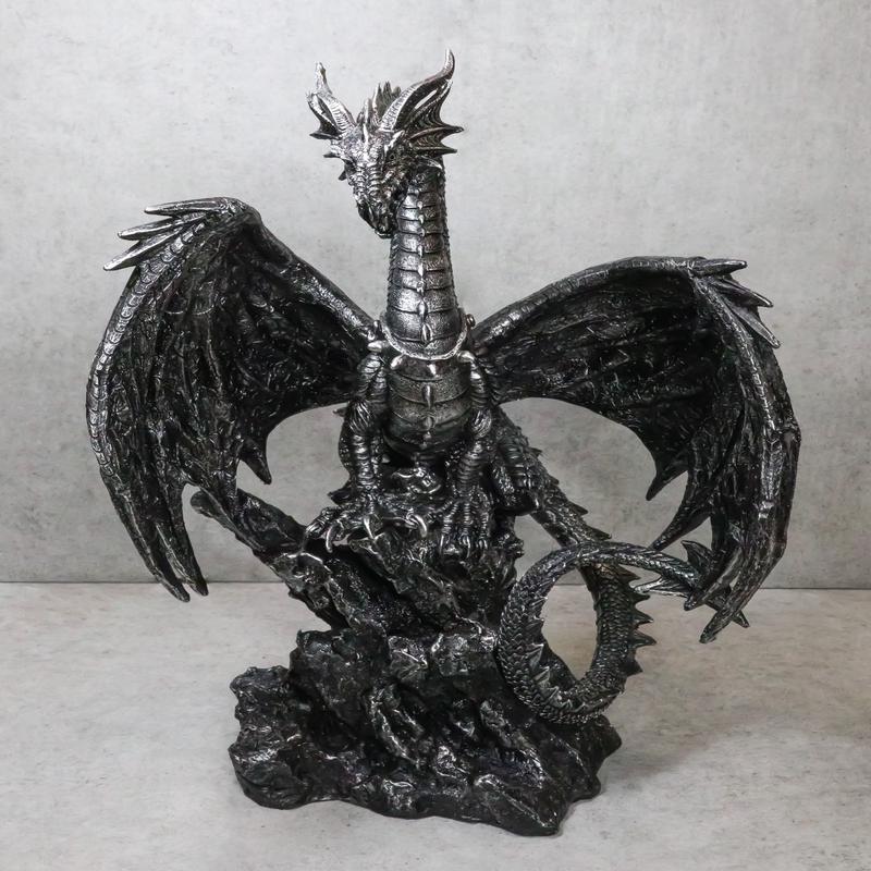 Large 22" H Quicksilver Cave Stone Behemoth Dragon Perching On Rocks Statue