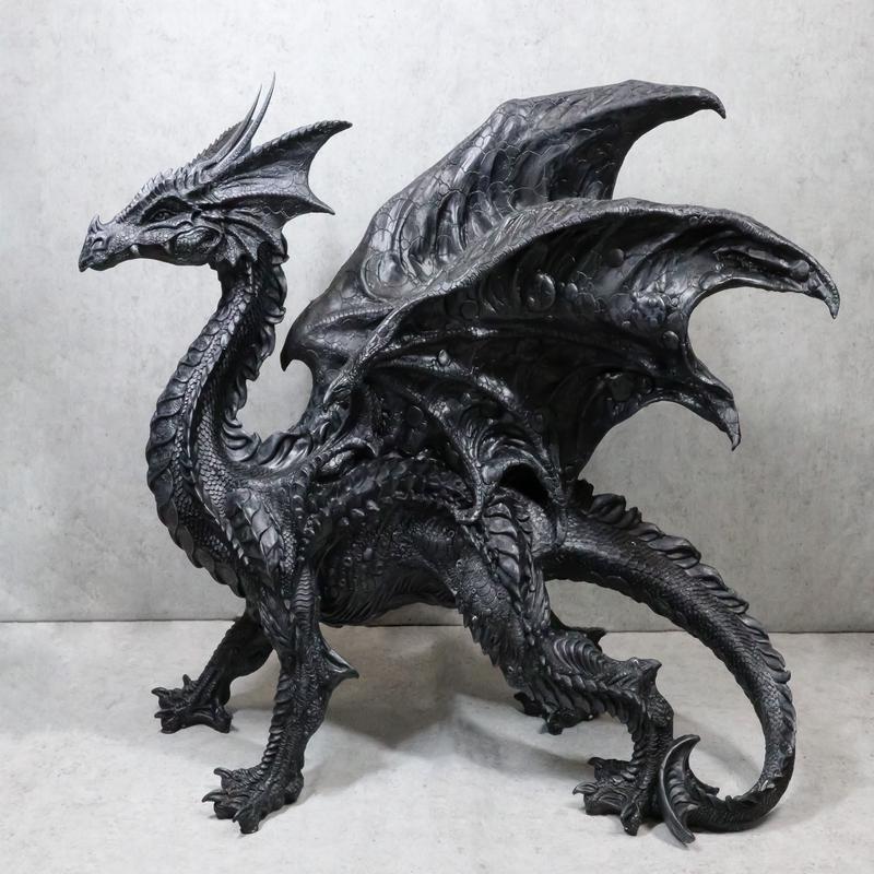 Large 24"L Nightfury Black Shadow Dragon Standing With Perched Up Wings Statue