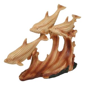 Nautical Marine Sea Ocean 3 Dolphins Swimming With Waves Faux Wood Figurine