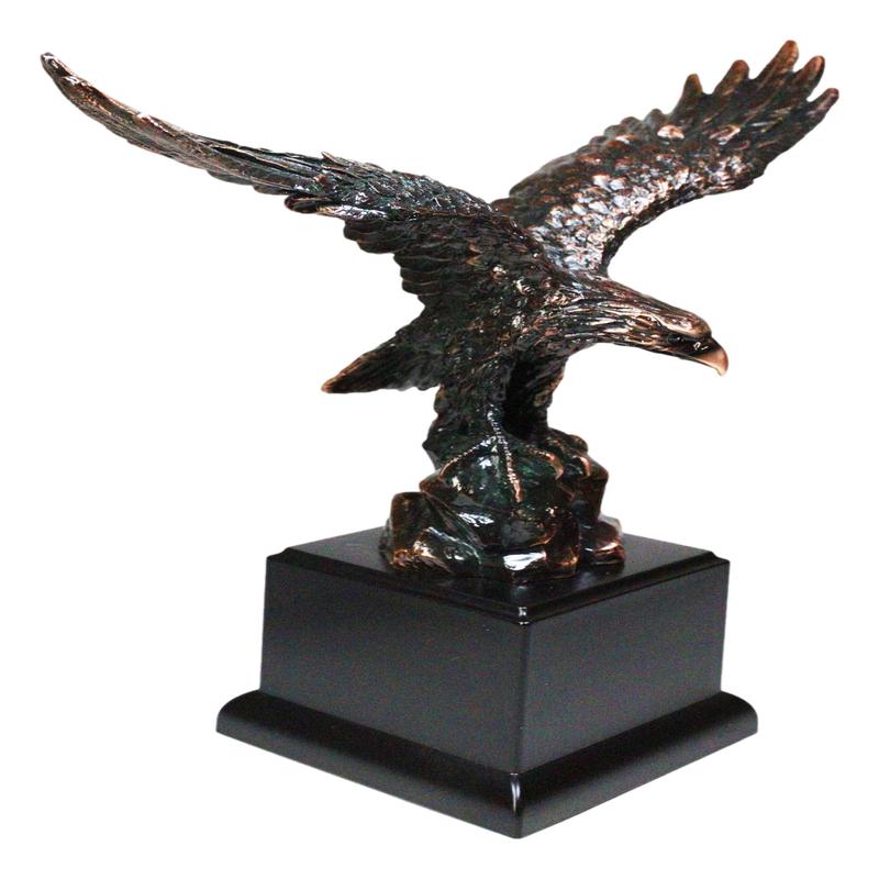 Open Winged American Bald Eagle Perching On Rocky Hill Figurine With Base
