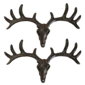Pack Of 2 Hunters Rack Deer Elk Skull Antlers Wall Mounted Coat Hooks Plaque