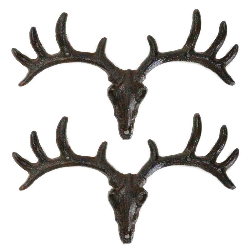 Pack Of 2 Hunters Rack Deer Elk Skull Antlers Wall Mounted Coat Hooks Plaque