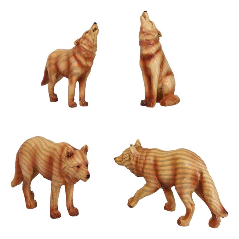 Pack of 4 Full Moon Howling Scouting Pose Alpha Gray Wolf Faux Wood Figurines