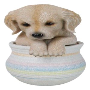 Realistic Golden Retriever Puppy Dog Figurine With Glass Eyes Pup In Pot