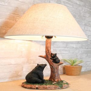 Rustic Black Mother Bear Watching Over Cub Climbing On Tree Trunk Table Lamp
