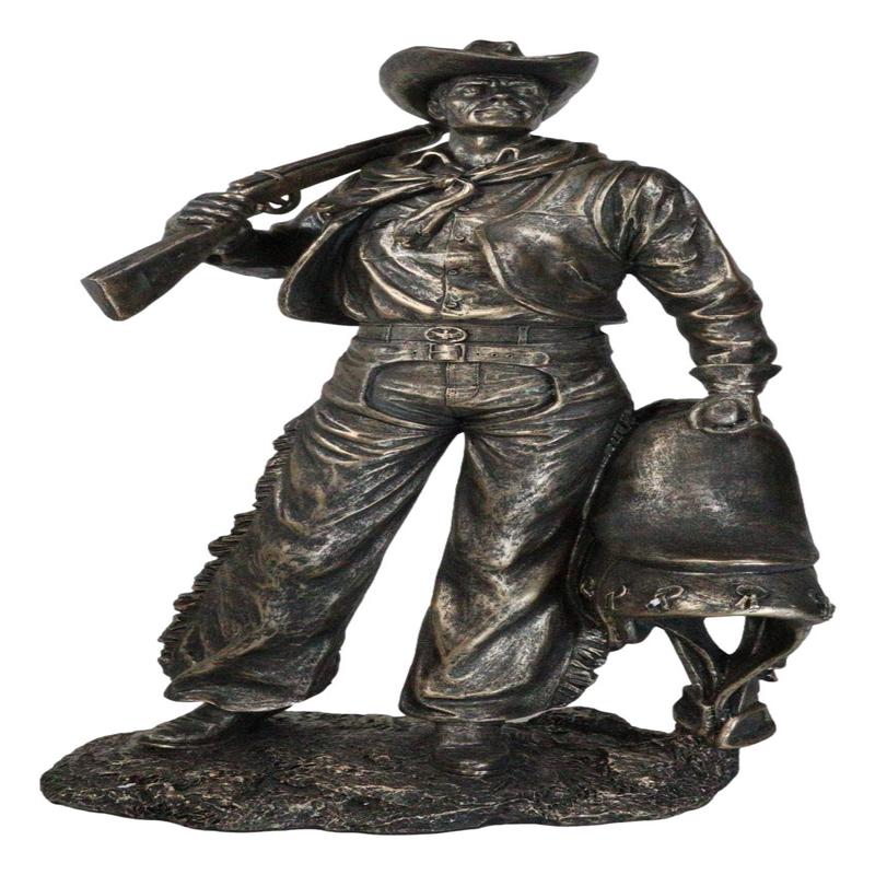 Rustic Western Cowboy Ranger With Hat Carrying Rifle And Horse Saddle Figurine