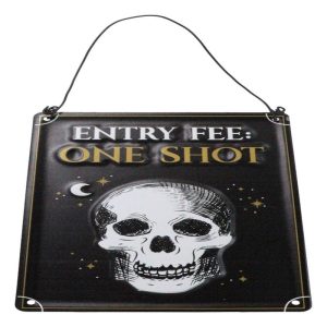 Set Of 2 Halloween Macabre Party Bar Entry Fee One Shot Skull Metal Wall Signs