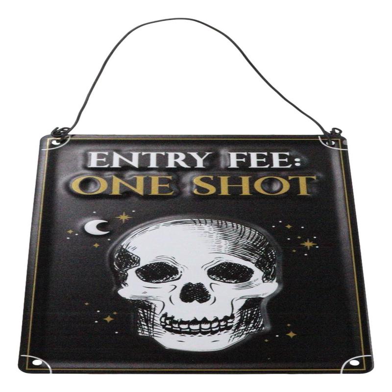 Set Of 2 Halloween Macabre Party Bar Entry Fee One Shot Skull Metal Wall Signs