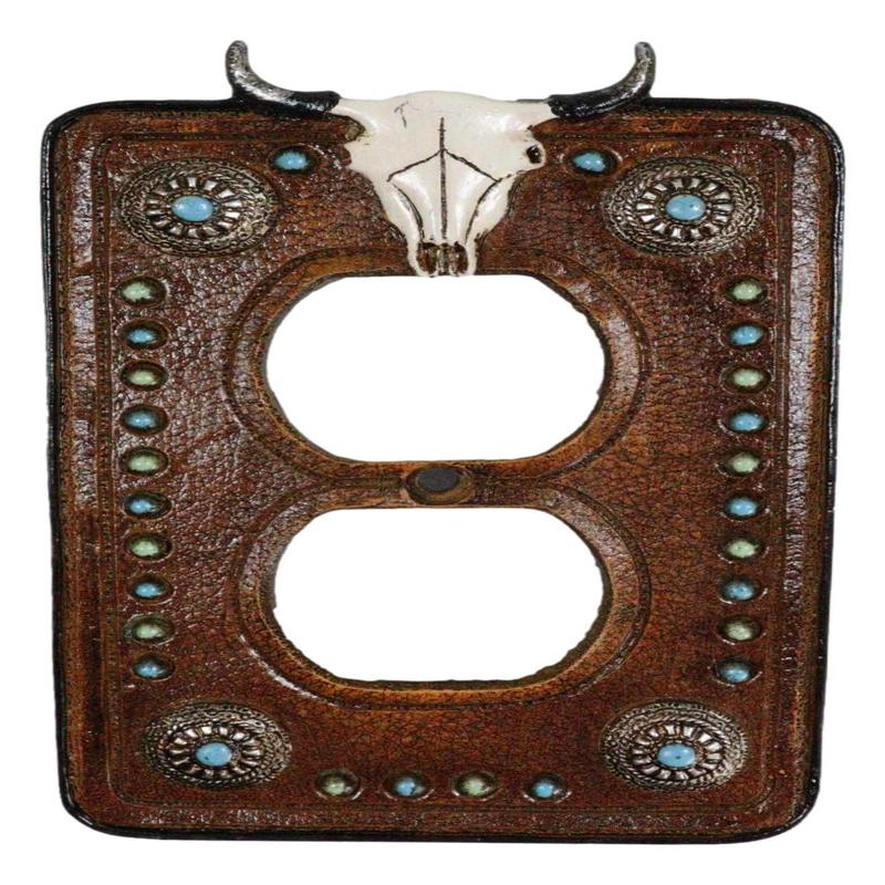 Set of 2 Western Cow Skull Turquoise Concho Wall Double Receptacle Switch Plates