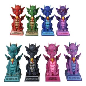 Set of 8 Colorful Whimsical Cartoon Chibi Dragon Figurines With Funny Phrases