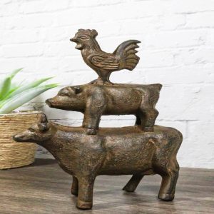 Western Farmhouse Cast Iron Rustic Rooster Pig And Cow Stacked DecorSculpture