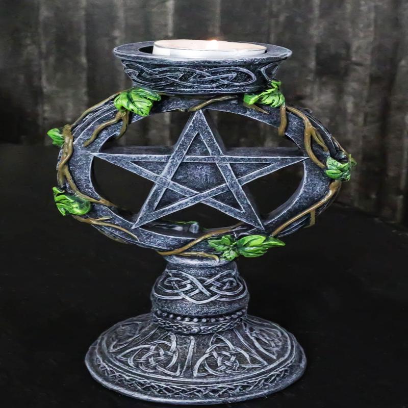 Wicca Pentagram Star In Circle With Celtic Knotwork Ivy Vine Votive Candleholder