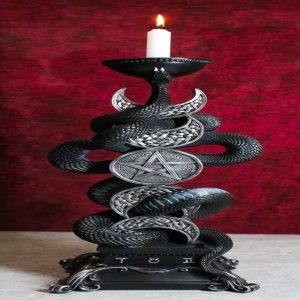 Wicca Triple Moon Pentagram Insignia Black Viper Snake Taper Candle Holder Decor