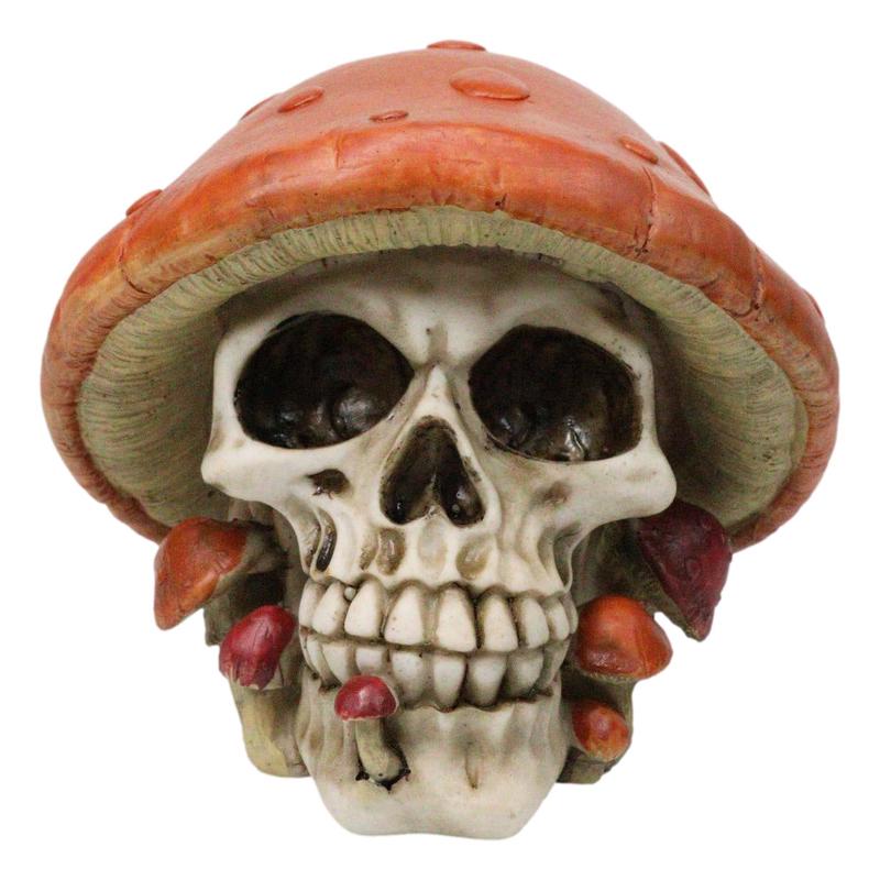 Brown Macabre Toadstool Mushroom Cap Skull With Mini Fungi Figurine 5" L