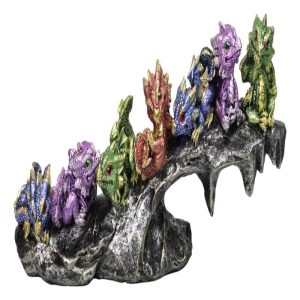 Colorful Metallic Dragon Wyrmlings On Sloped Bridge Cliff Rock Decor Figurine