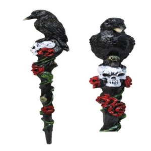 Fantasy Raven Crow Perching On White Skull with Rose Vines Decorative Magic Wand