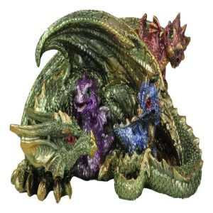 Green And Gold Dragon Mother With Hatchlings At Nap Time Family Fantasy Figurine