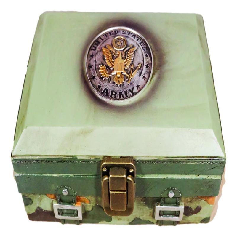 Green Military US Army Emblem Officer Briefcase Camo Decorative Trinket Box