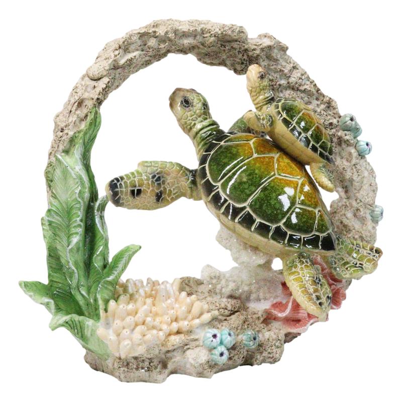 Green Sea Turtle Mother and Hatchling Swimming by Coral Reef Overhang Figurine