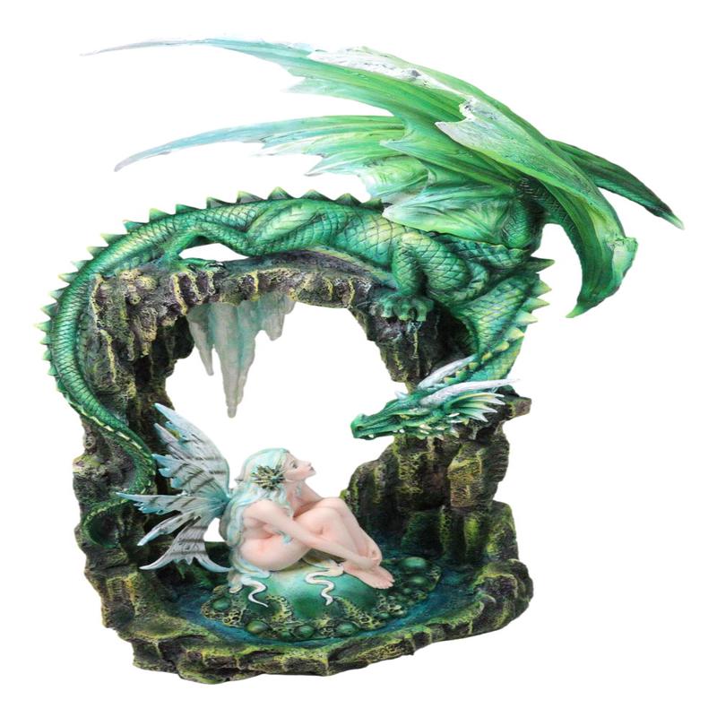 Large Elf Fairy With Green Emerald Dragon by Ice Crystals Stone Arch Statue