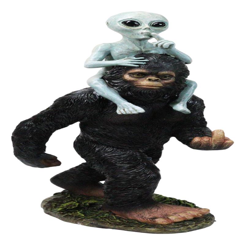 Large Sasquatch Bigfoot Flipping Off With Roswell Alien On Shoulders Figurine