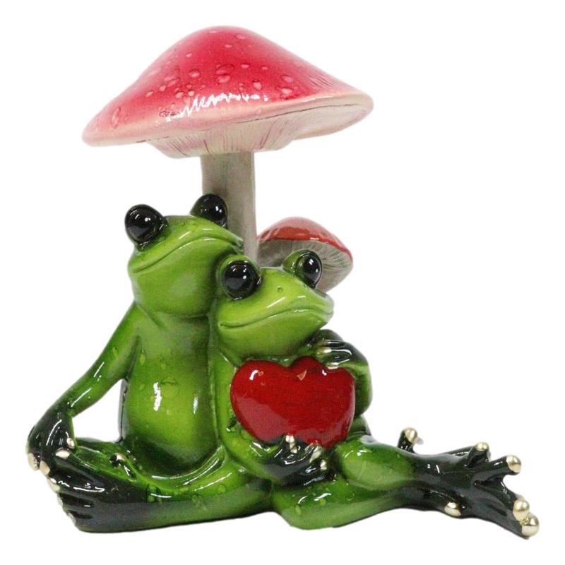 Love is in The Air Green Frogs Couple With Heart by Toadstool Mushrooms Figurine