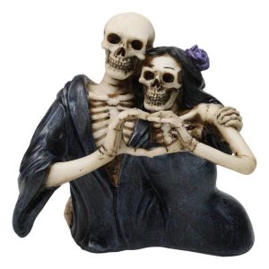 Love Never Dies Black Cloaked Skeleton Couple Love Sign Hand Gesture Figurine