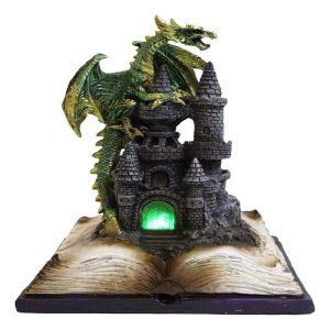 Medieval Green Dragon Perching On LED Castle With Book of Spells Figurine