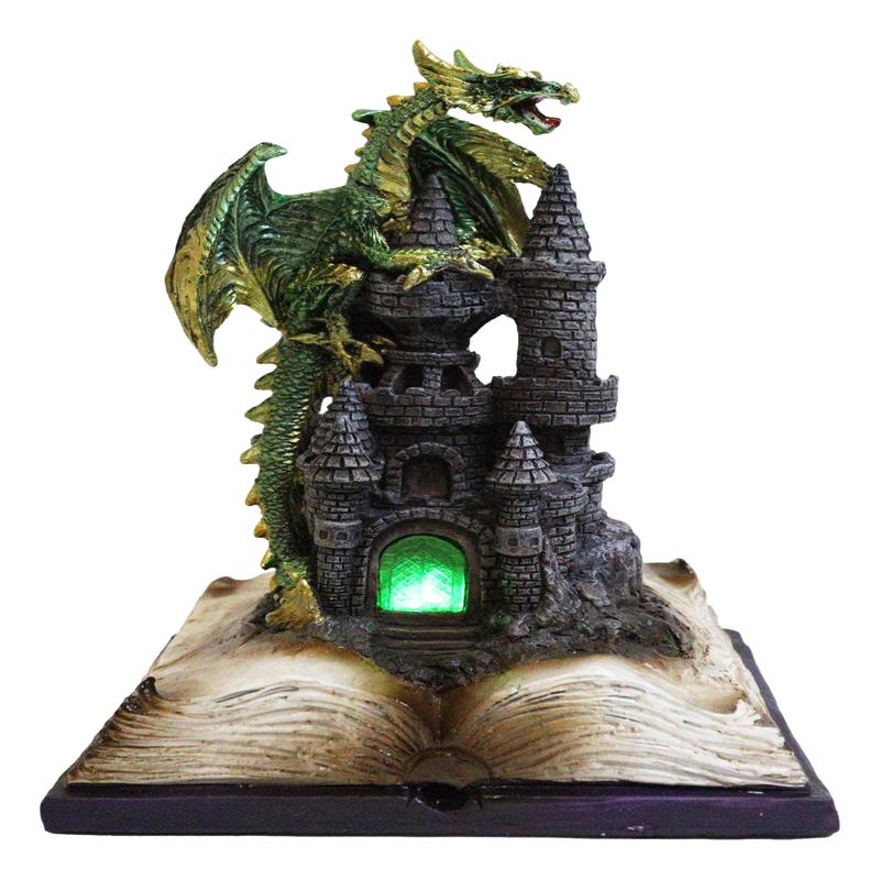 Medieval Green Dragon Perching On LED Castle With Book of Spells Figurine