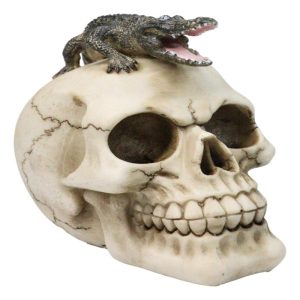 Ossuary Macabre Gothic Jointed Skull with Perching Crocodile Gator Figurine