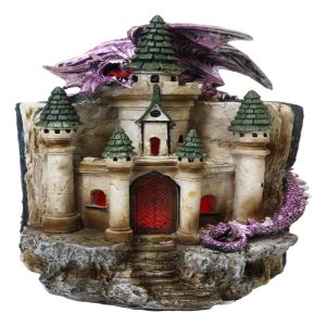 Purple Dragon Guarding LED Medieval Castle On Rocks With Book of Spells Figurine