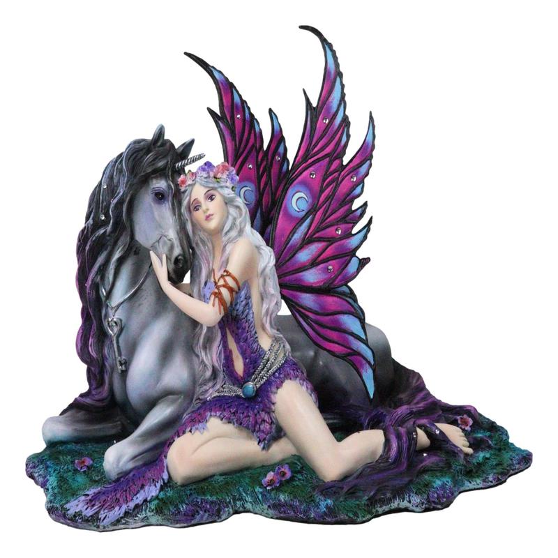 Purple Tribal Fairy Sitting With Midnight Key Lock Dark Unicorn Figurine 14.5"L