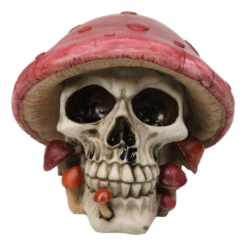 Red Macabre Toadstool Mushroom Cap Skull With Mini Fungi Figurine 5" L