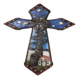 Rustic Country Windmill By Cottage Barn Home With Starry Night Skies Wall Cross