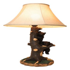 Rustic Western Forest Playful Black Bear Cubs Climbing On Tree Trunk Table Lamp
