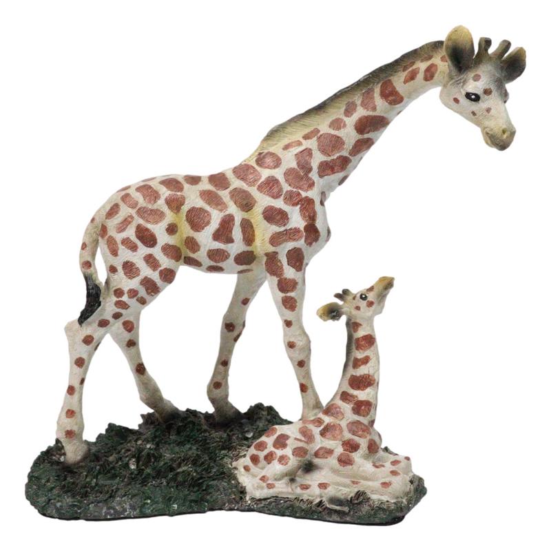 Safari Savannah Masai Giraffe Mother Standing by Sitting Calf Figurine 6.75"H