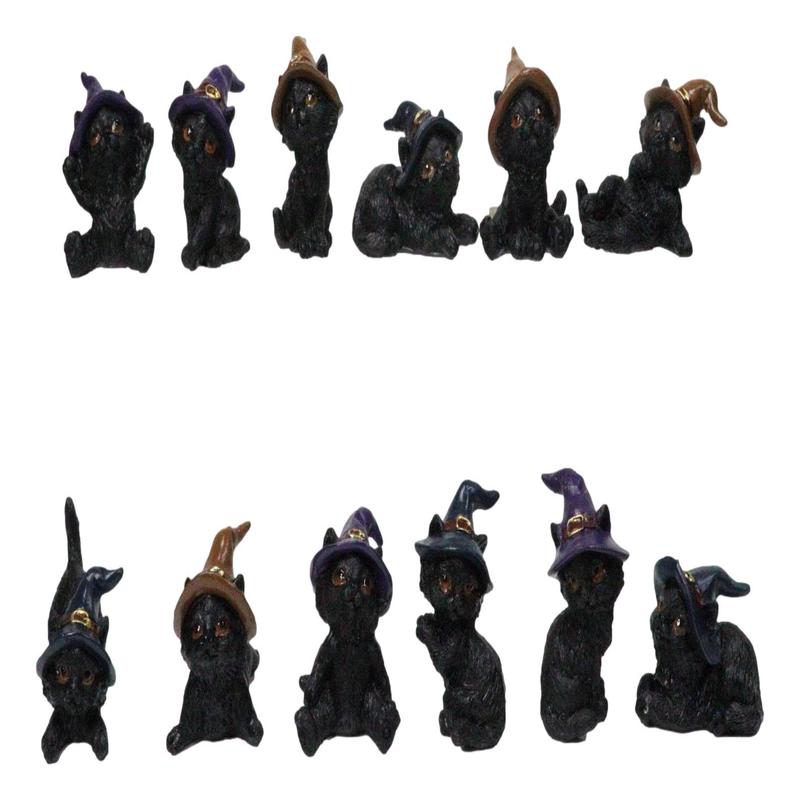 Set of 12 Halloween Black Cats With Witch Hats Mini Figurines In Multi Poses