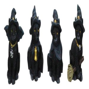 Set of 4 Halloween Black Cats With Witch Hats Broom Pentagram Mini Figurines