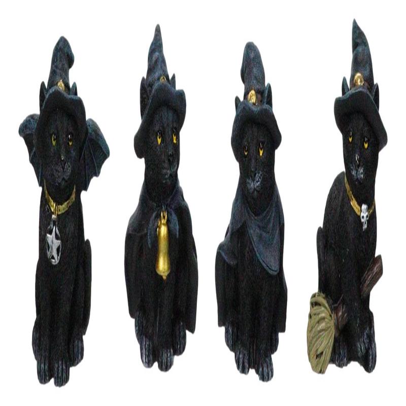 Set of 4 Halloween Black Cats With Witch Hats Broom Pentagram Mini Figurines