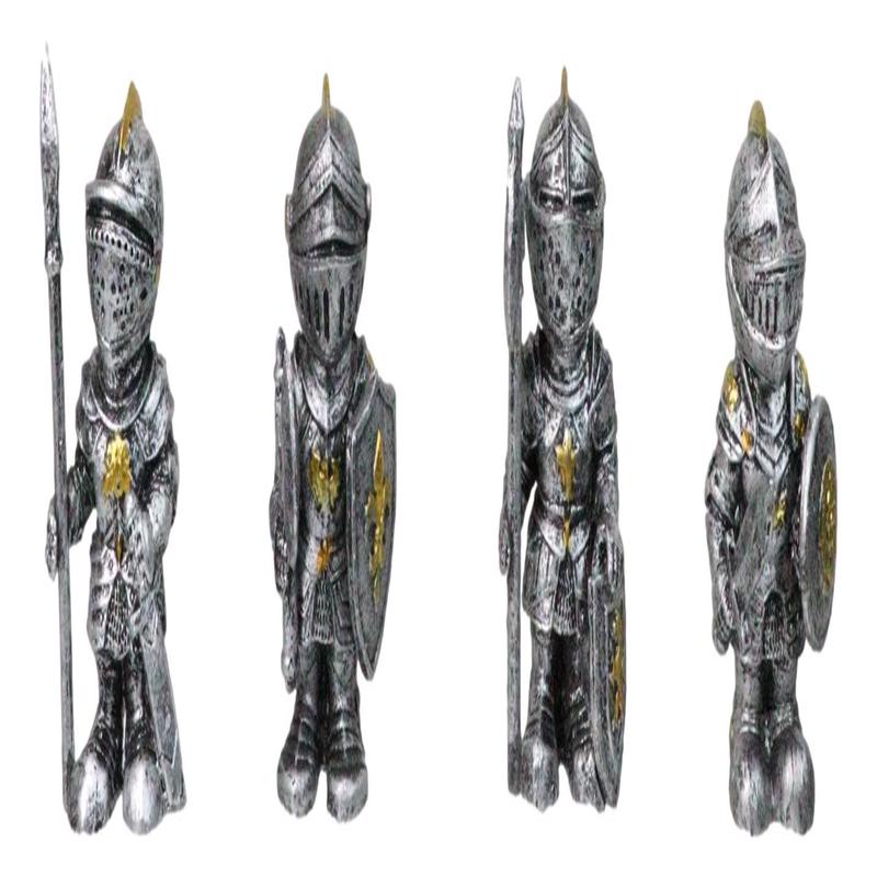 Set of 4 Medieval Suit of Armor Knights With Axe Sword Shields Mini Figurines