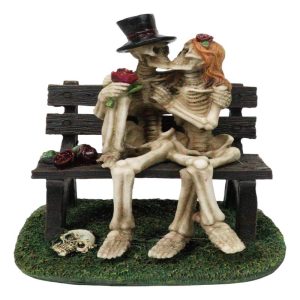 Skeleton Couple with Top Hat and Wig Sitting On Park Bench With Roses Figurine