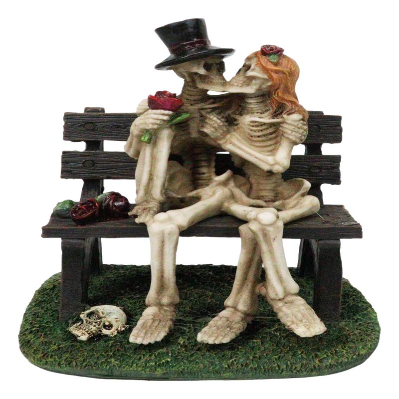 Skeleton Couple with Top Hat and Wig Sitting On Park Bench With Roses Figurine