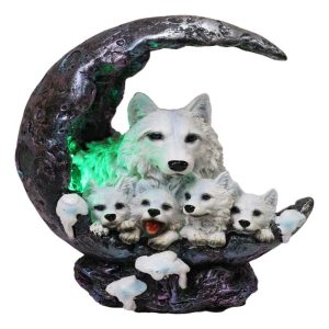Snow White Wolf Mother With 4 Pups On LED Light Crater Crescent Moon Figurine