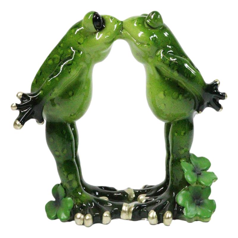True Love's Kiss Green Frog Couple Kissing By Pond Lily Pads Decorative Figurine