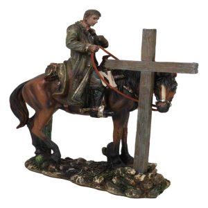 Western Cowboy in Solemn Prayer On Horse By Faded Cross And Cactus Figurine
