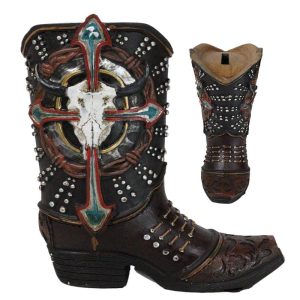 Western Texas Longhorn Skull Barbed Wires And Arrow Cross Cowboy Boot Money Bank